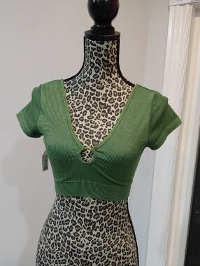 aerie Olive Ribbed Crop Top with Front Keyhole